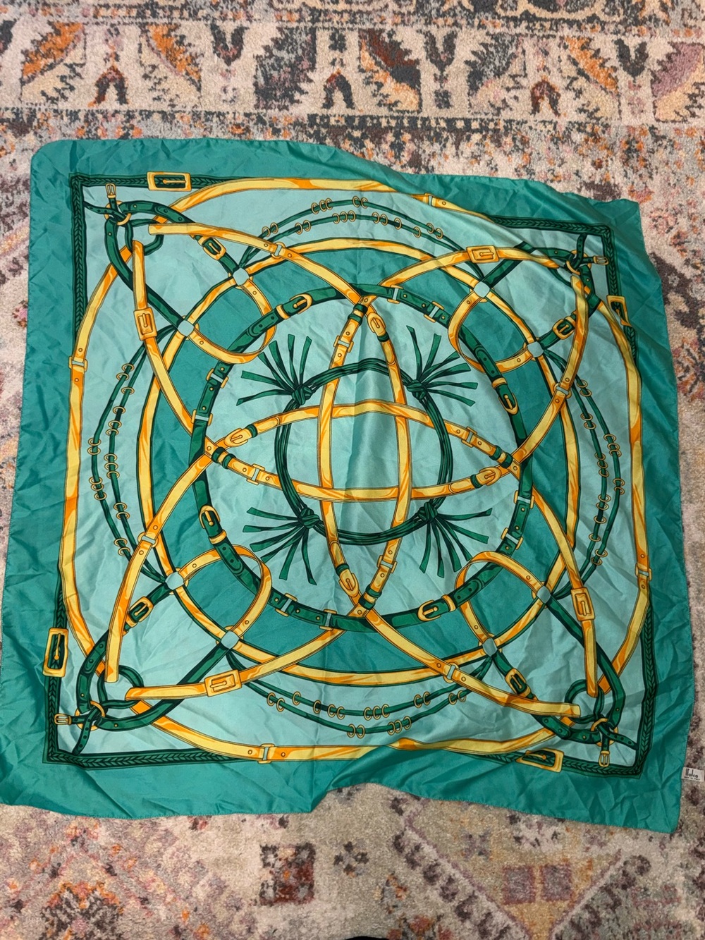 Silk-Feel Green & Gold Patterned Square Scarf